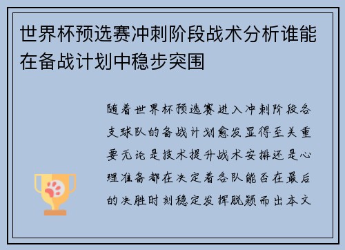 世界杯预选赛冲刺阶段战术分析谁能在备战计划中稳步突围