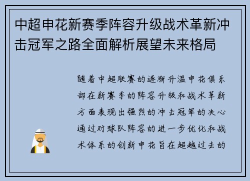 中超申花新赛季阵容升级战术革新冲击冠军之路全面解析展望未来格局